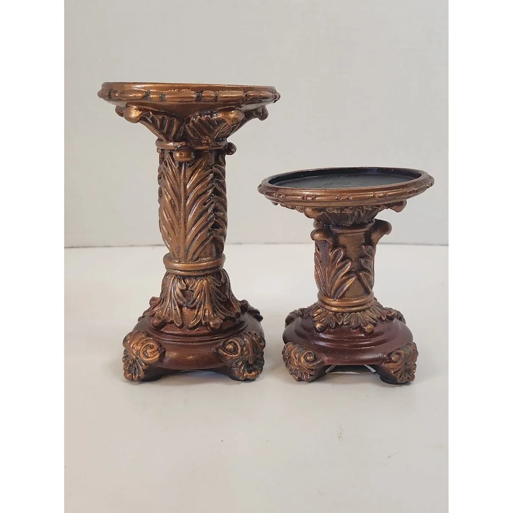 Vtg '03 Goldtone Baroque Pillar Candle Holder Pedestals Staggered Set of 2 Resin